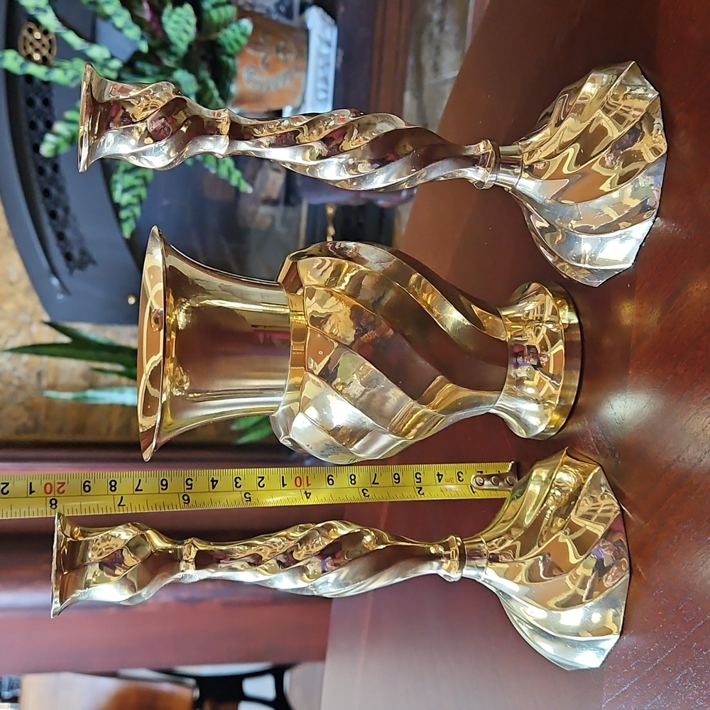 Vintage Mid Century Brass Spiral Swirl Mantel Candlesticks & Vase, Set of 3